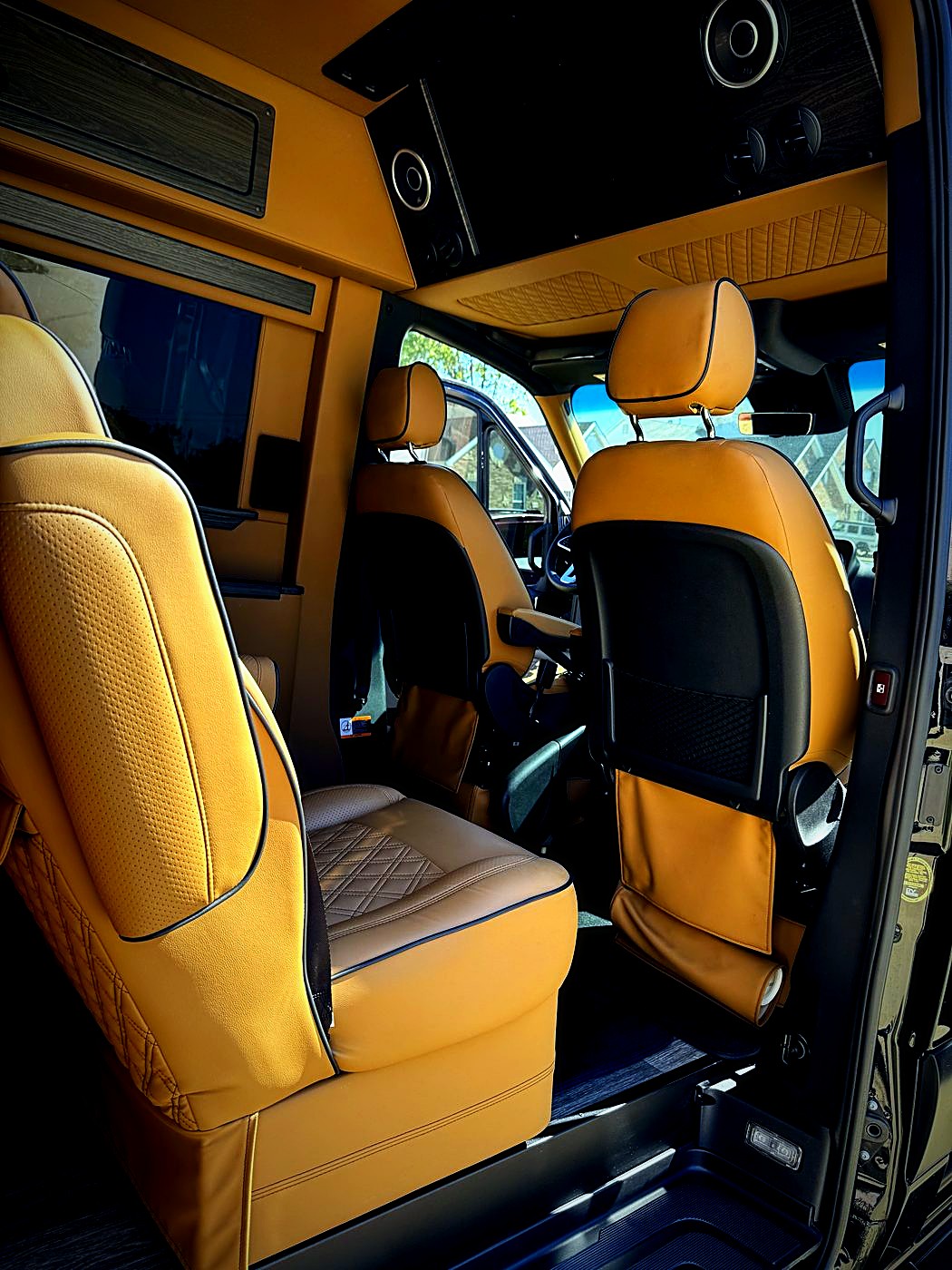Tan leather van interior, cleaned and conditioned
